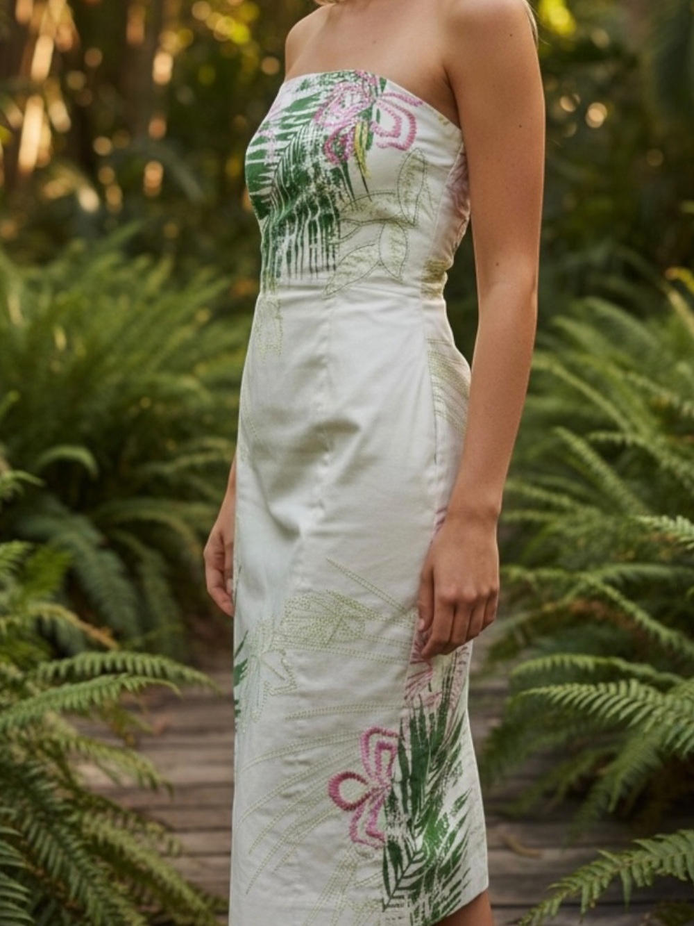 Tori Richard Strapless Dress Tropical Botanical Floral Palm Resortwear Midi Sz 4